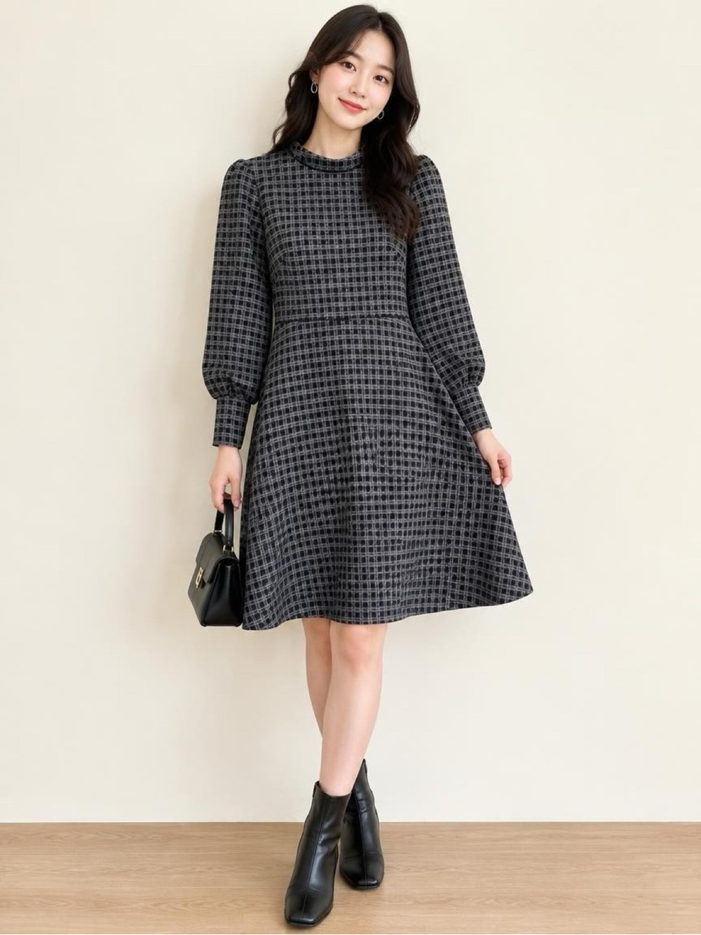 Ann Taylor Black and Gray Checked Long-Sleeve A-Line Dress